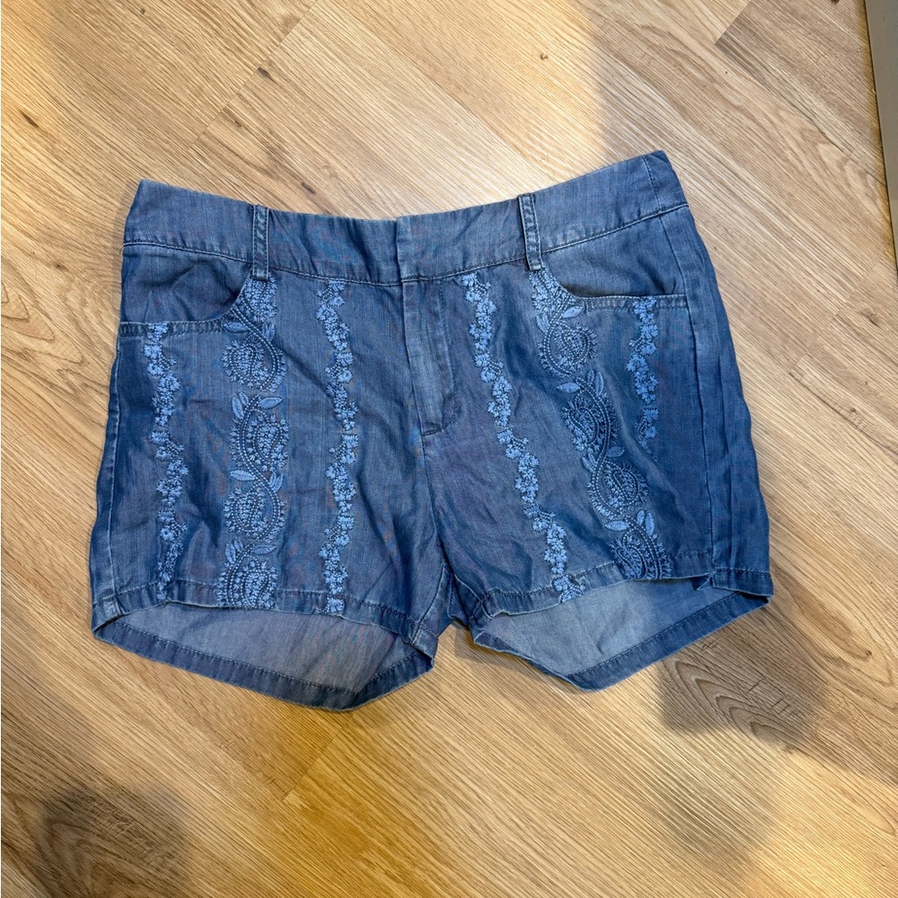 Francesca's Collections Blue Embroidered Denim-Style Shorts